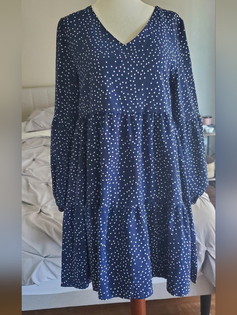 Navy Blue Polka Dot V-Neck Tiered Dress Size S